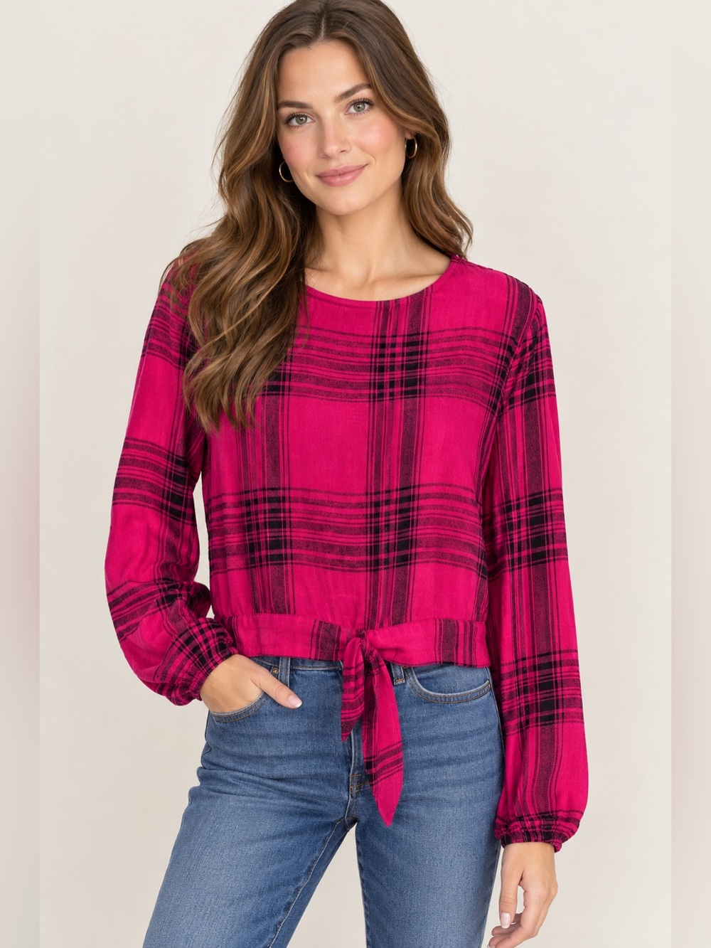 Wild Fable Hot Pink & Black Plaid Cropped Pullover Top Toe Waist Size Small